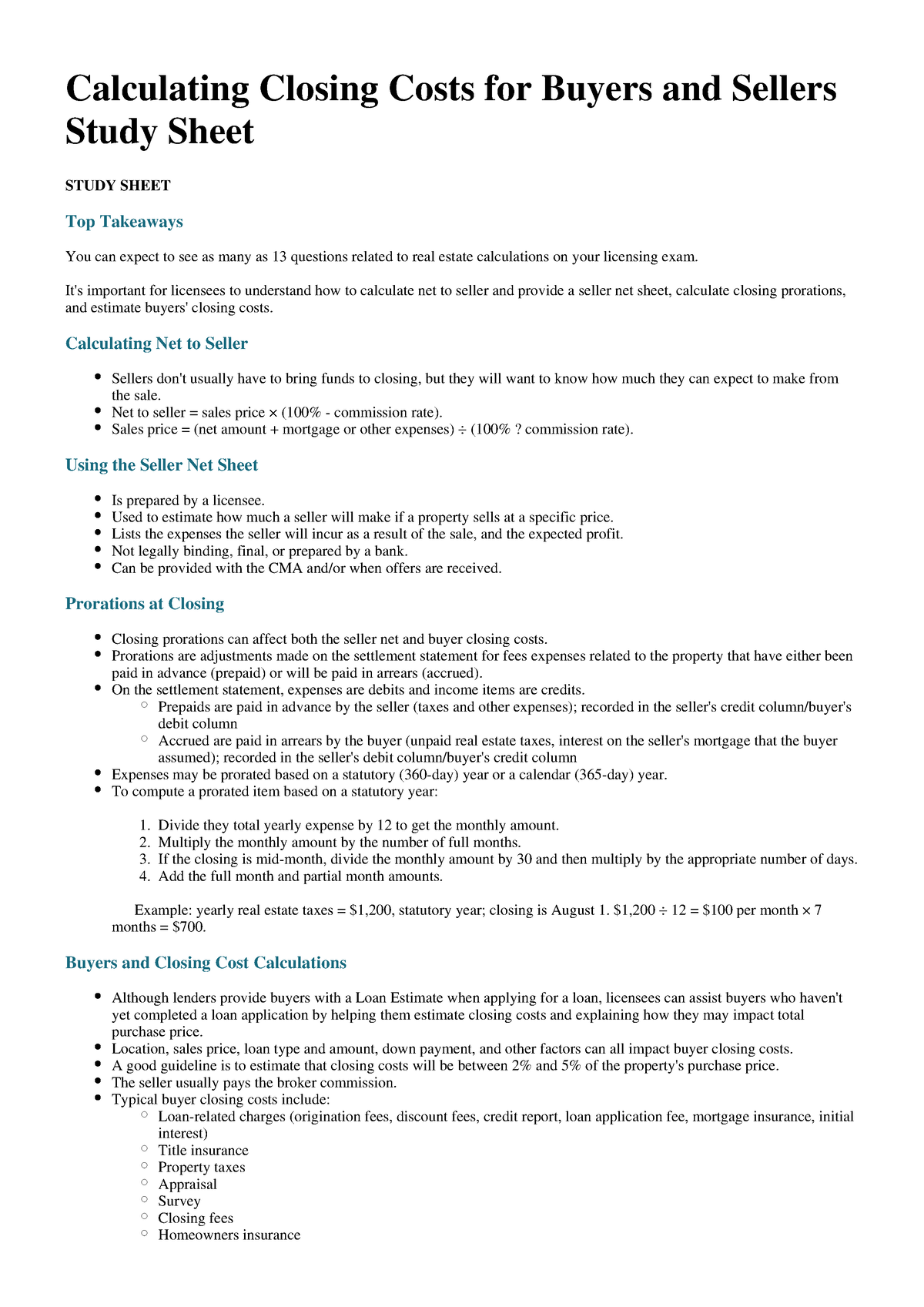 Calculating Closing Costs for Buyers and Sellers Study Sheet 1. 2. 3. 4. Calculating Closing