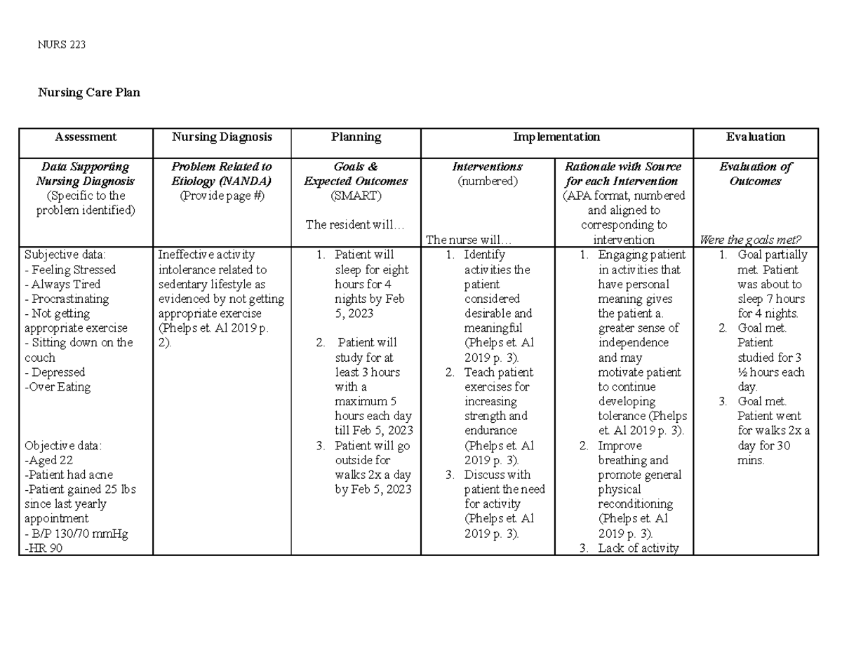 Care Plan Worksheet - Care plan for teaching patients - NURS 223 ...