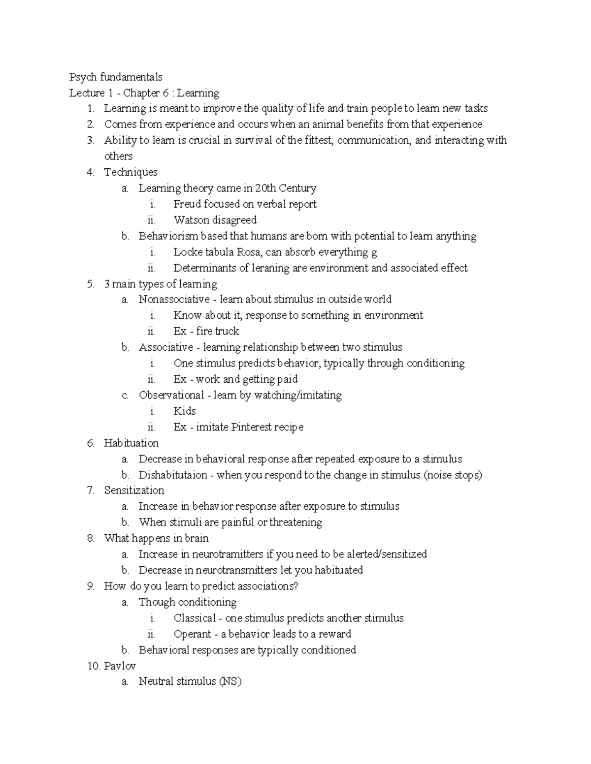Class notes - Psych fundamentals Lecture 1 Chapter 6 : Learning 1 ...