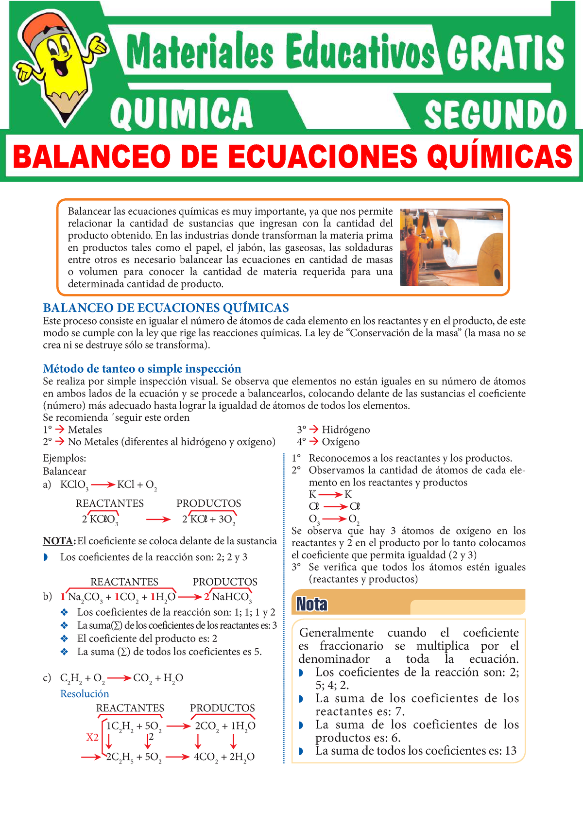 Balanceo De Ecuaciones Químicas Para Segundo Grado De Secundaria ...