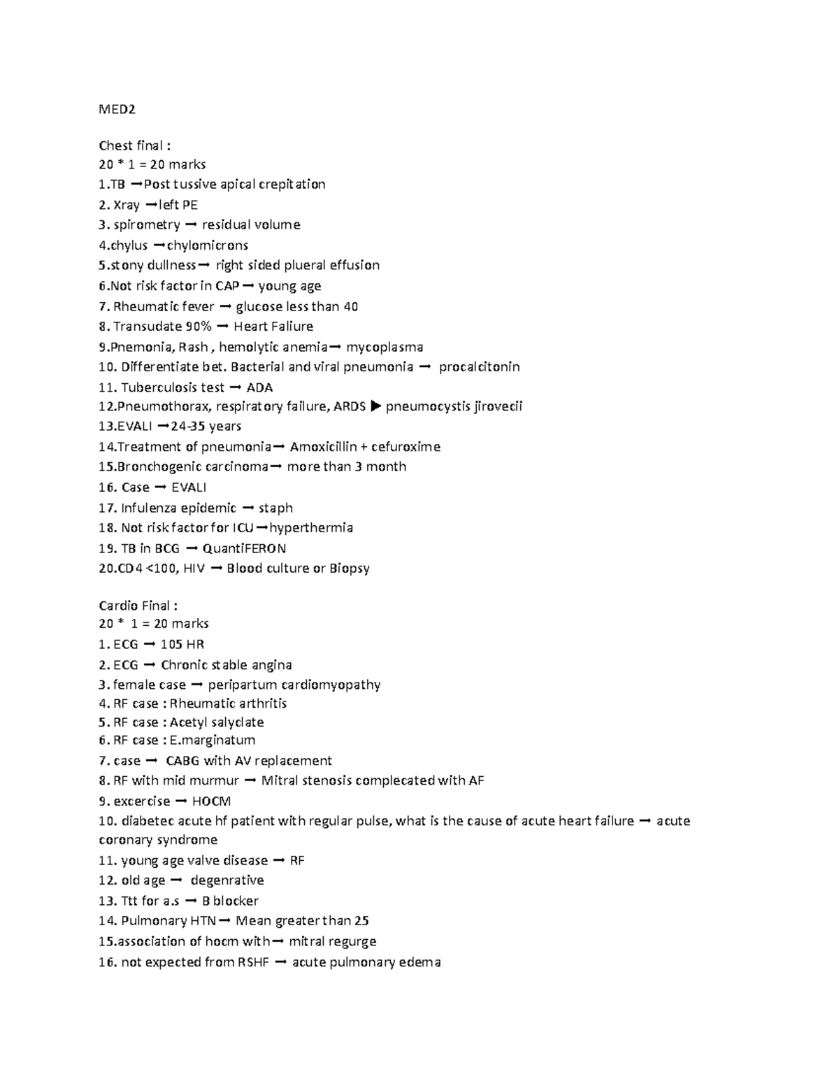 2- AA MED2 Final EXAM Questions - MED Chest final : 20 * 1 = 20 marks 1 ...