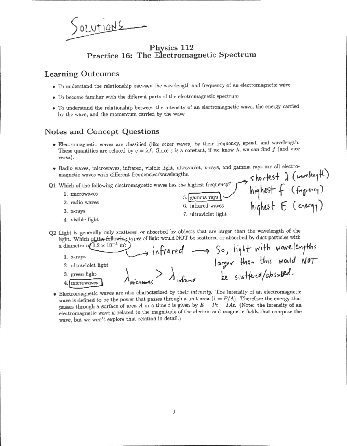 The Electromagnetic Spectrum Practice - PHY 112 - Studocu