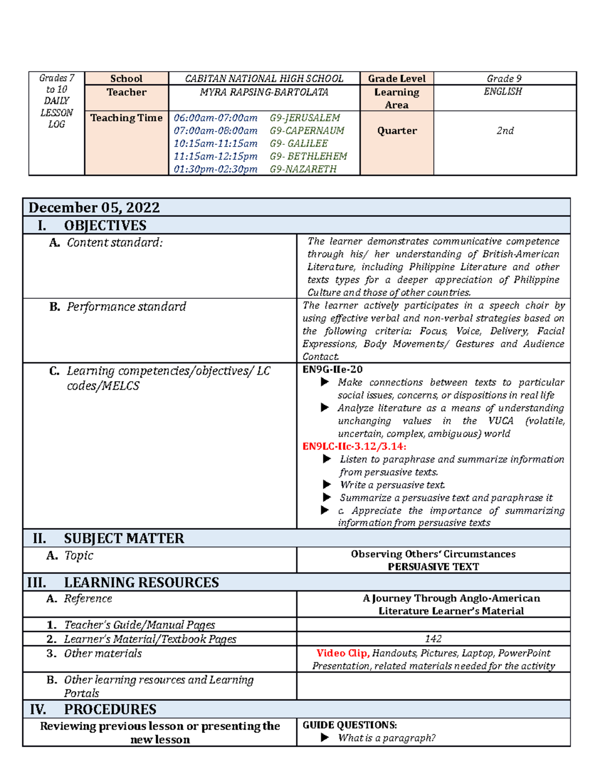 Q2-dec 5-6 - English9 Dlp Q2 - Grades 7 To 10 Daily Lesson Log School 