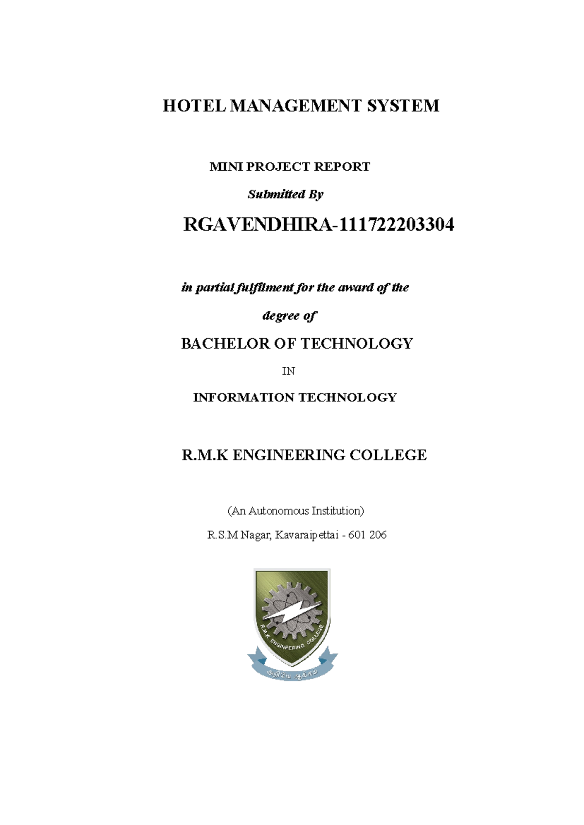 Abstract - HOTEL MANAGEMENT SYSTEM MINI PROJECT REPORT Submitted By ...
