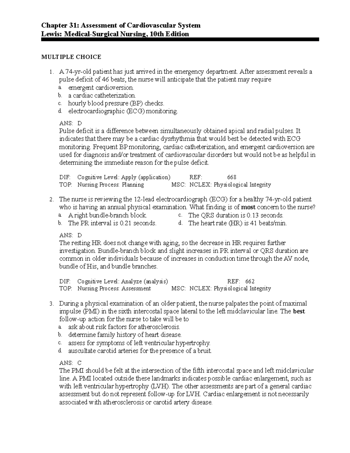 C31 - ch 31 test bank - Chapter 31: Assessment of Cardiovascular System ...