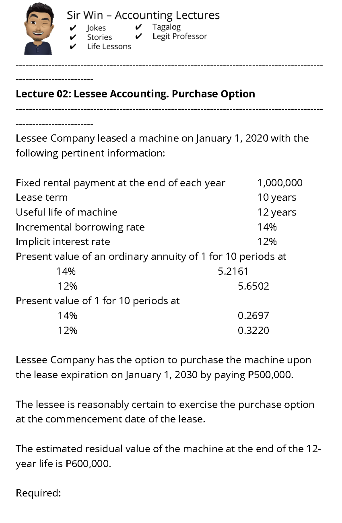 Lecture 02 Lessee Accounting Purchase Option Lecture 02 Lessee