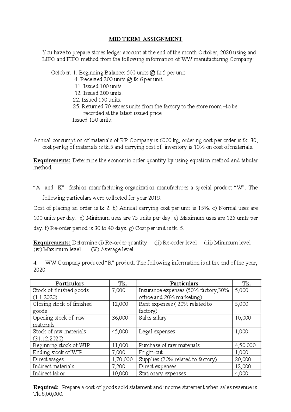 Cost Accounting assingment MID TERM ASSIGNMENT You have to prepare