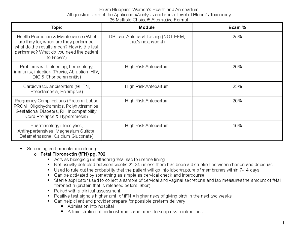 OB Exam 2 Blueprint High Risk Antepartum & OB Lab Antenatal Testing ...