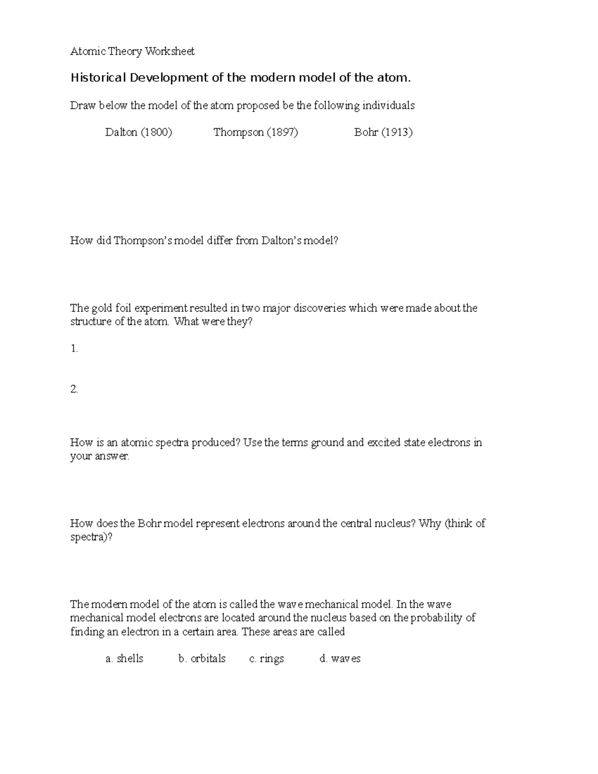 Atomic Theory Worksheet - Atomic Theory Worksheet Historical Development of  the modern model of the - Studocu