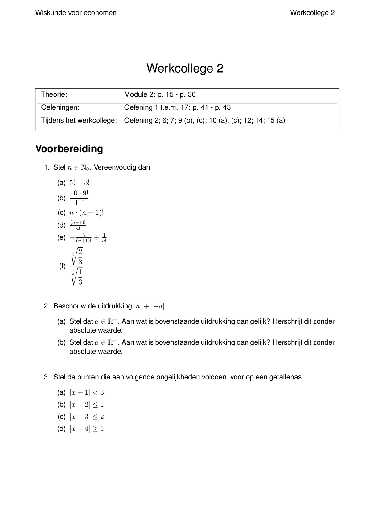 Werkcollege 2 - 15 - P. 30 Oefeningen: Oefening 1 T.e. 17: P. 41 - P ...