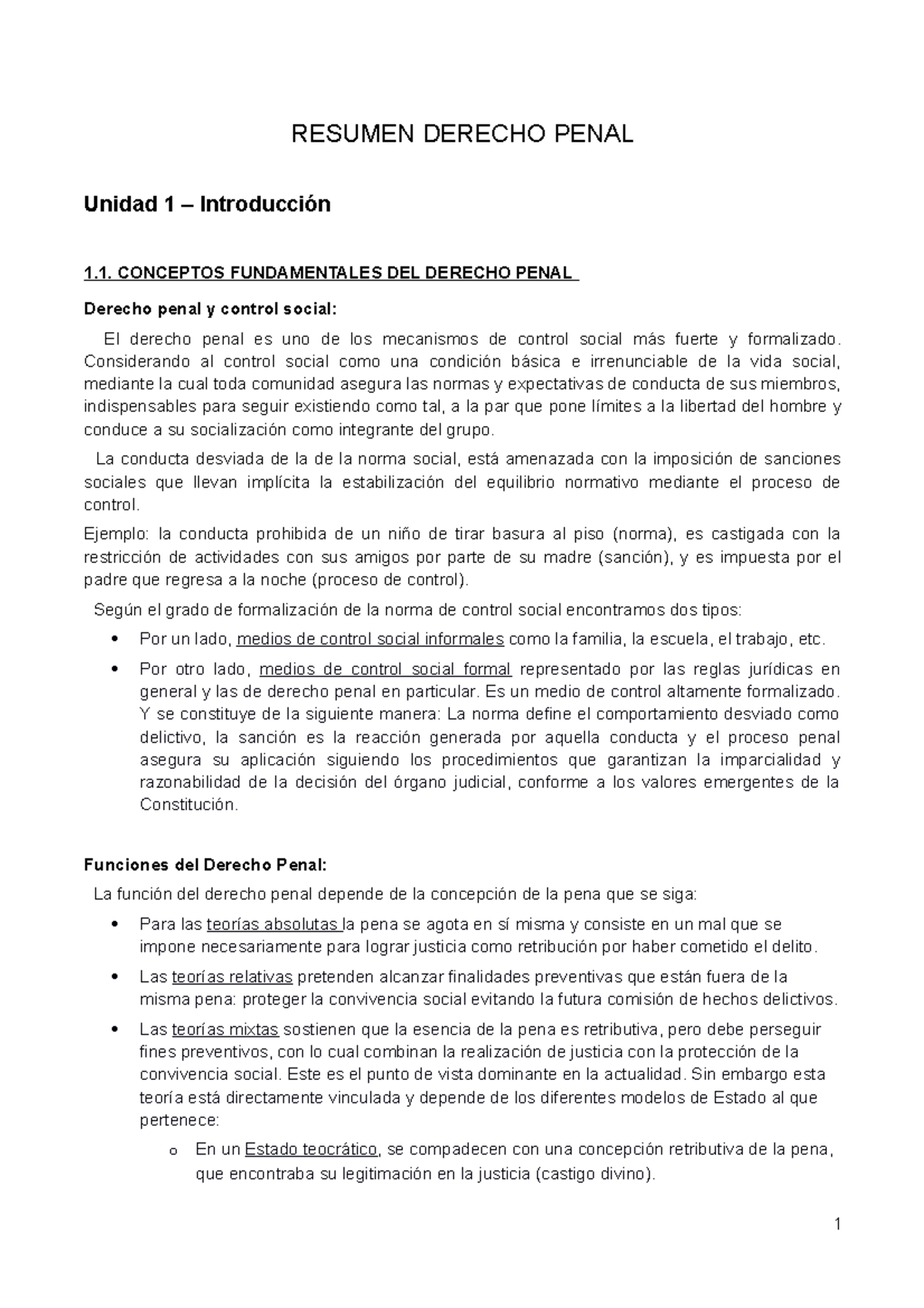 Resumen Penal - RESUMEN DERECHO PENAL Unidad 1 – Introducción 1 ...