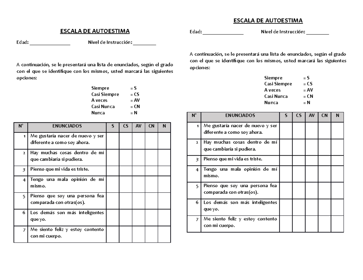 Escalas - Encuesta escala de autoestima - ESCALA DE AUTOESTIMA Edad