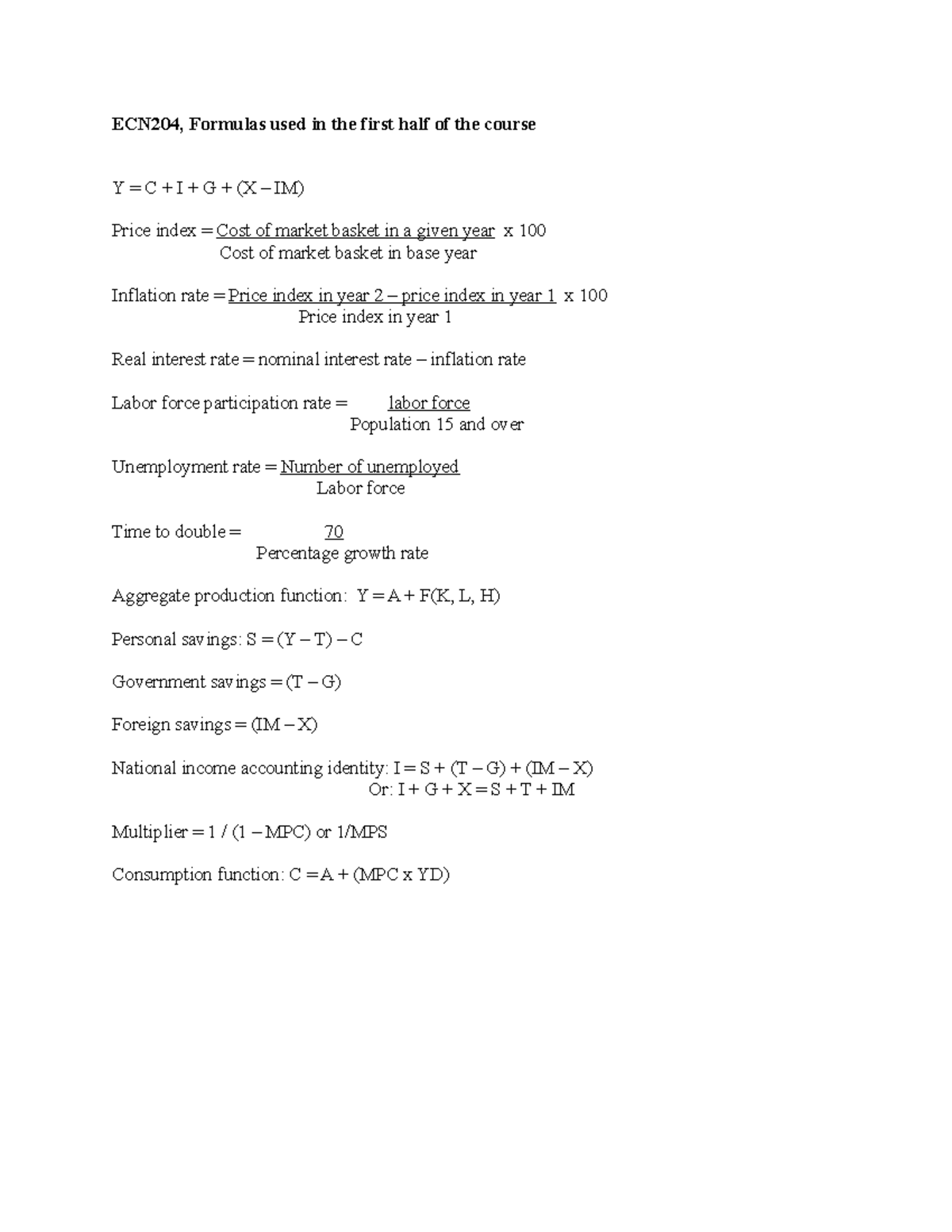 Formulas 4 Midterm - Lecture notes 1,2,3,4,5 - ECN204 - Toronto Met ...