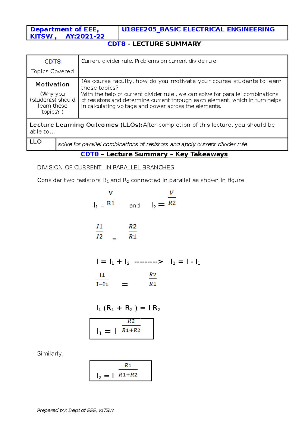 BEE 8 Summary - Notes for bee - KITSW , AY:2021- CDT8 - LECTURE SUMMARY ...