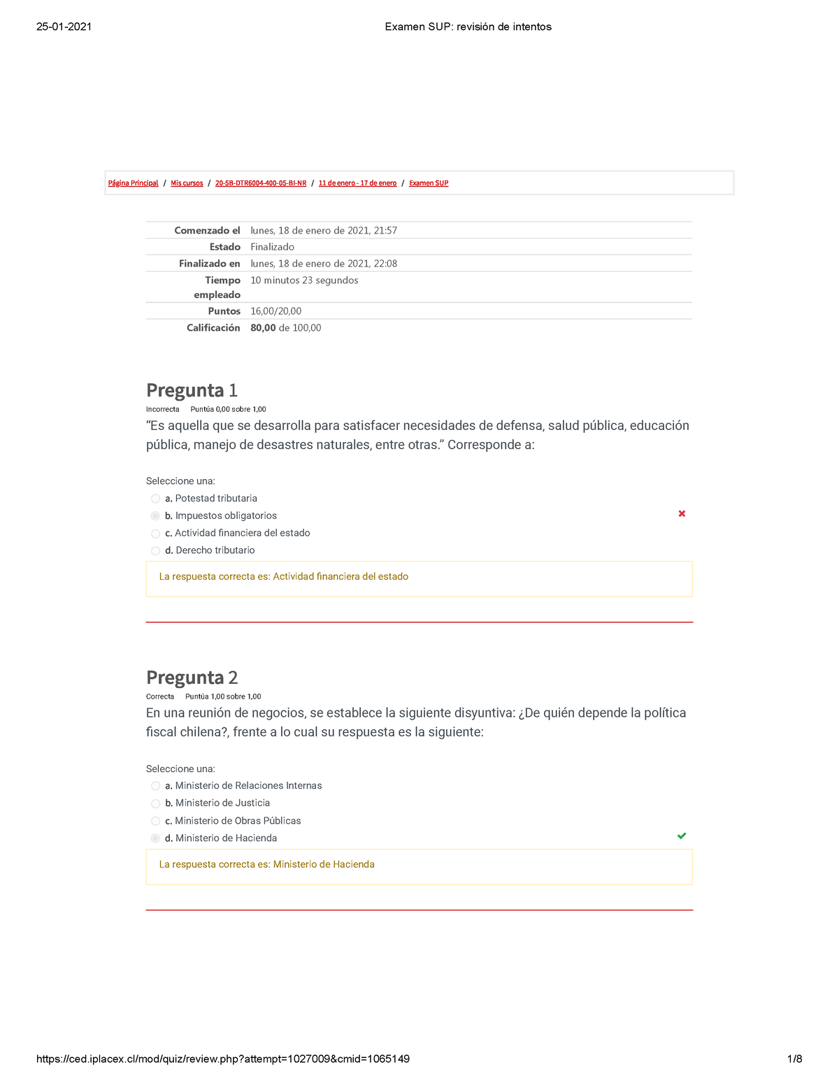 Examen Derecho Tributario SUP - Página Principal / Mis Cursos / 20-5B ...