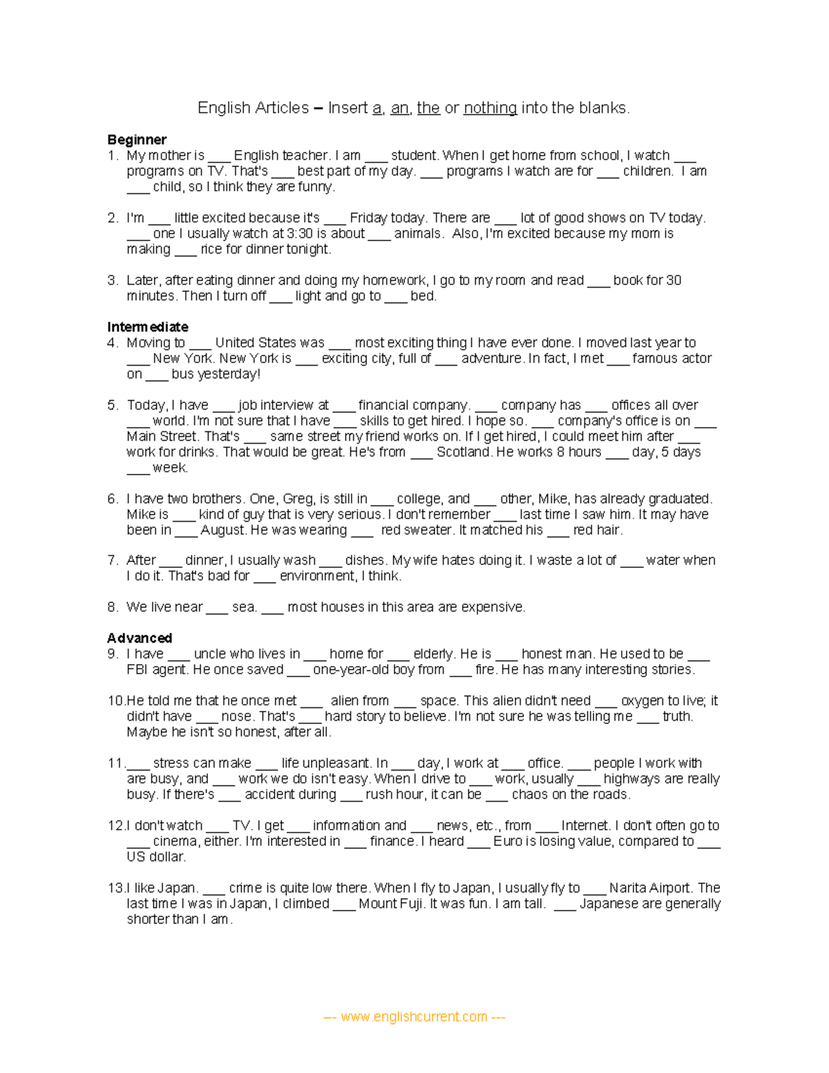 Articles-Worksheet-Englishcurrent - English Articles – Insert a, an ...