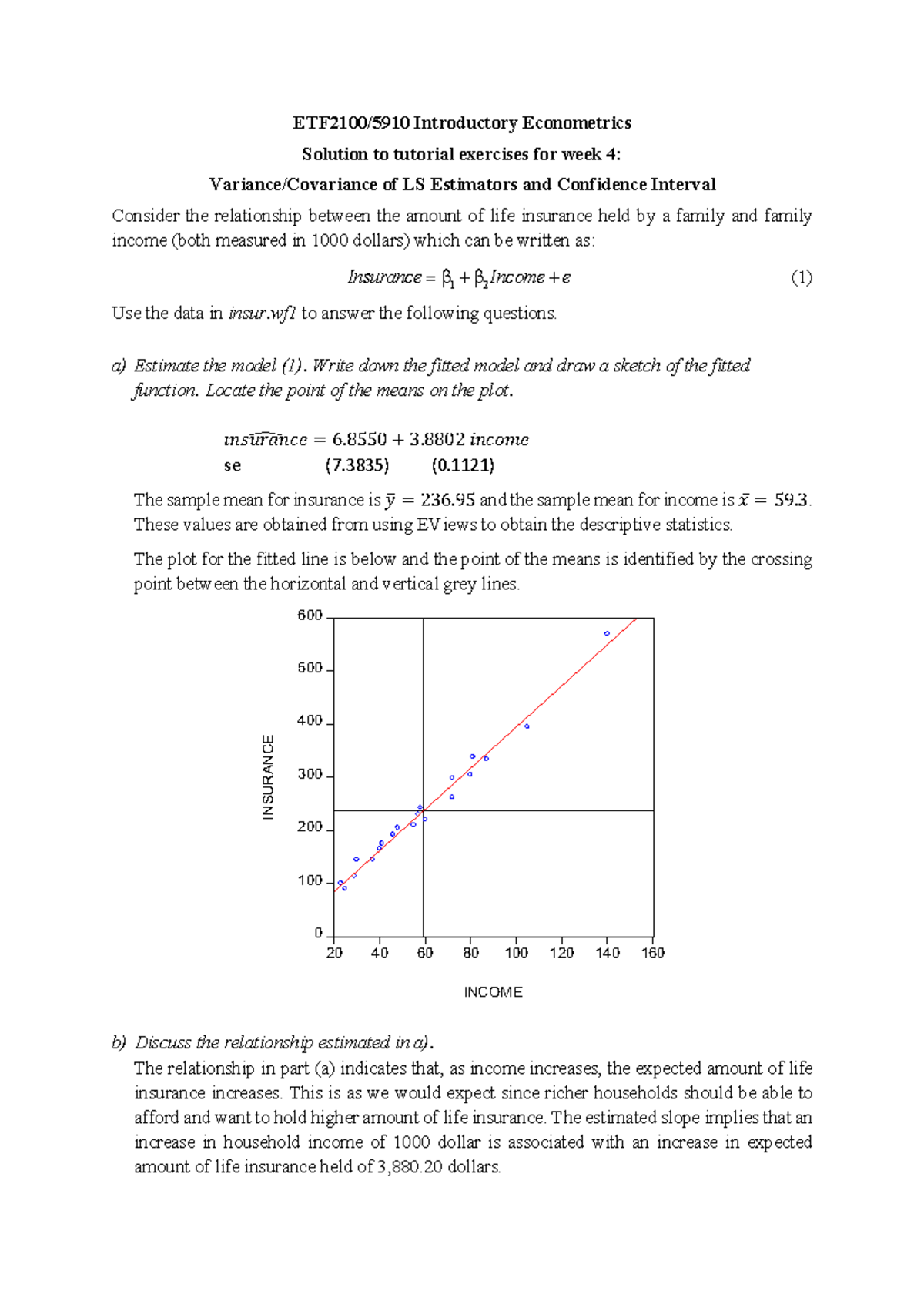 Week 4 Interval Estimation Etf21005910 Introductory Econometrics Solution To Tutorial 7186