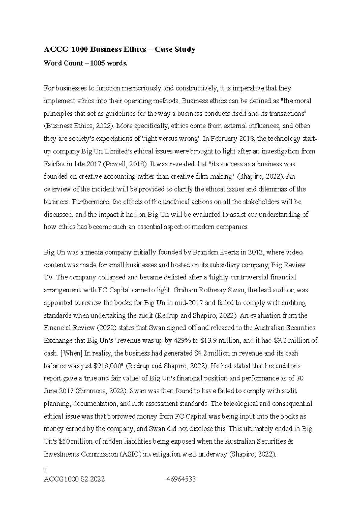 ACCG100 0 Ethics Essay ACCG 1000 Business Ethics Case Study Word