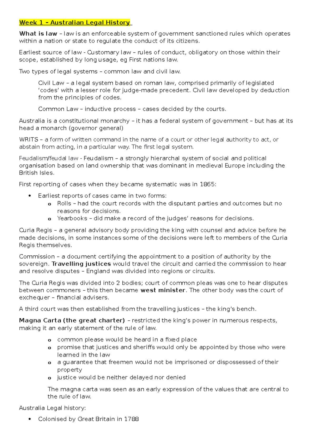 Exam Notes Weeks 1 - 7 - Week 1 – Australian Legal History What is law ...