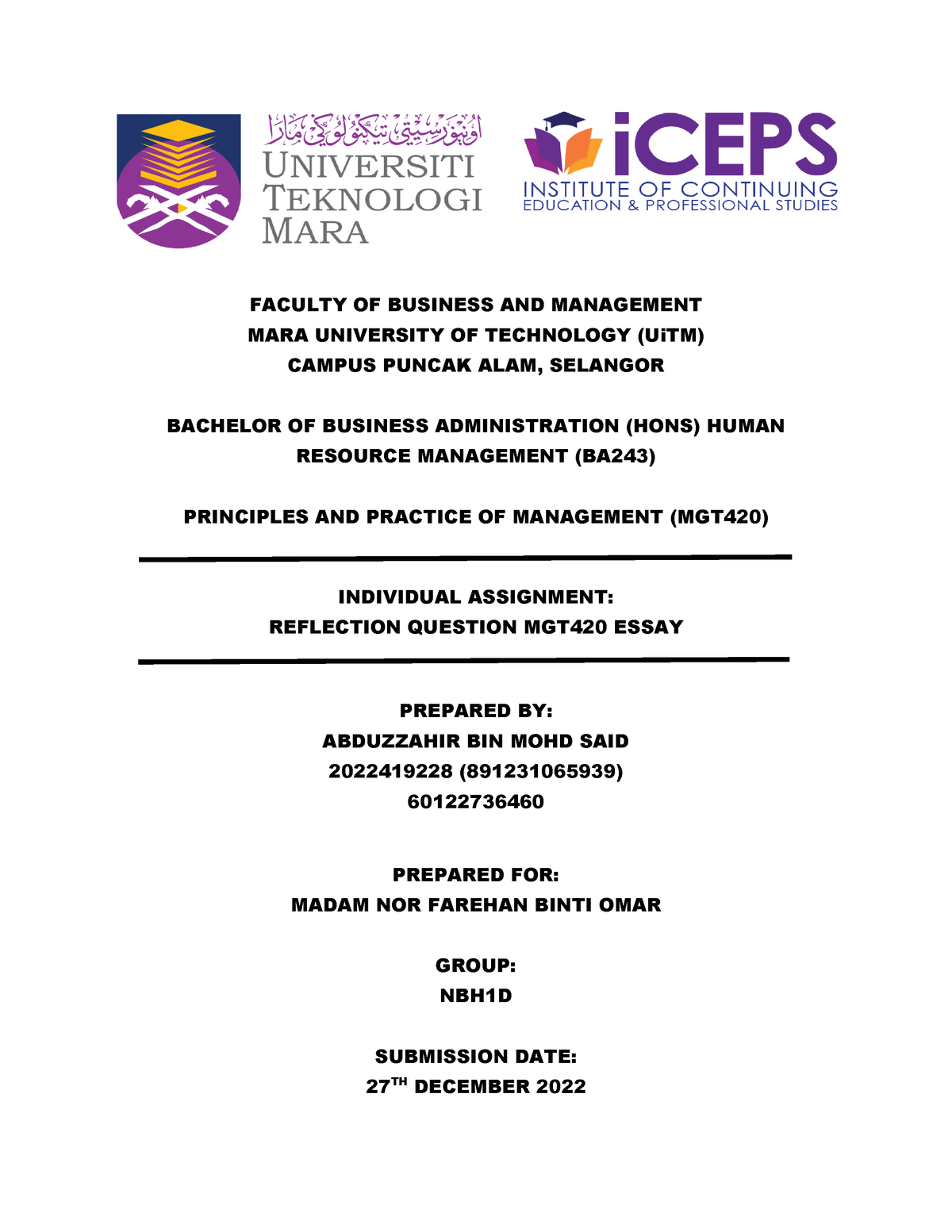 MGT 420 Assigment - Principles And Practice Of Management - UiTM - Studocu