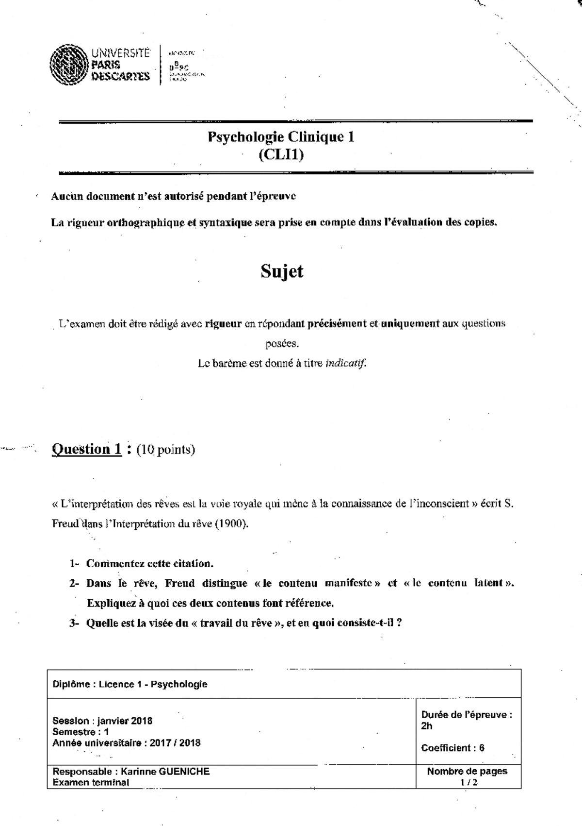 Examen Psychologie du Clinque 1 (CLI1) 2018 Psychologie clinique