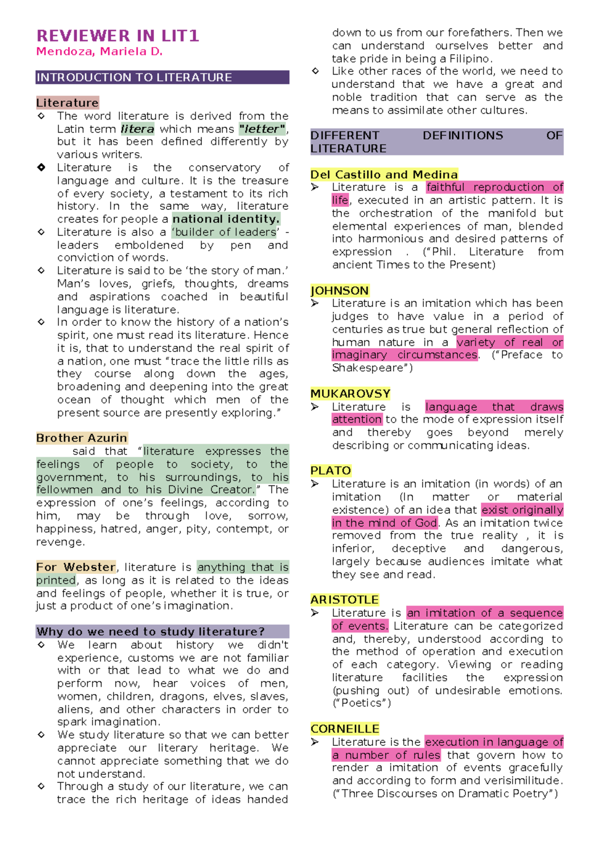 Reviewer IN LIT1 - REVIEWER IN LIT Mendoza, Mariela D. INTRODUCTION TO ...