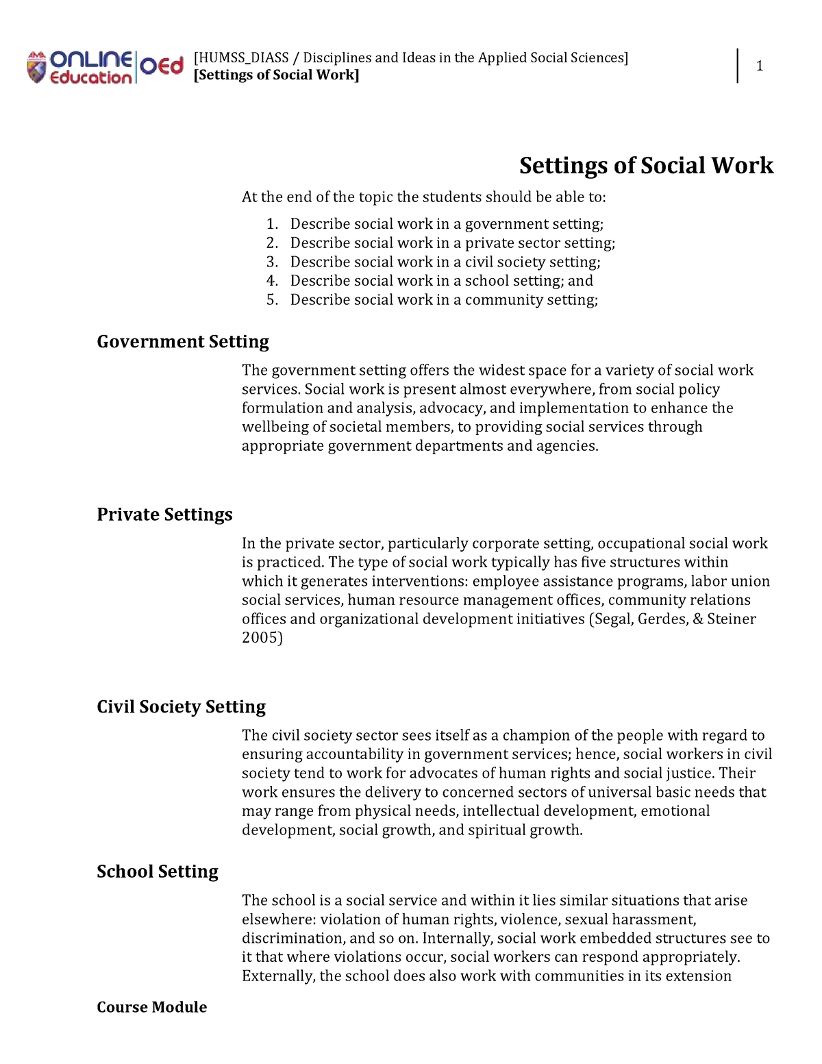 Week 011-Module Settings Of Social Work - [HUMSS_DIASS / Disciplines ...