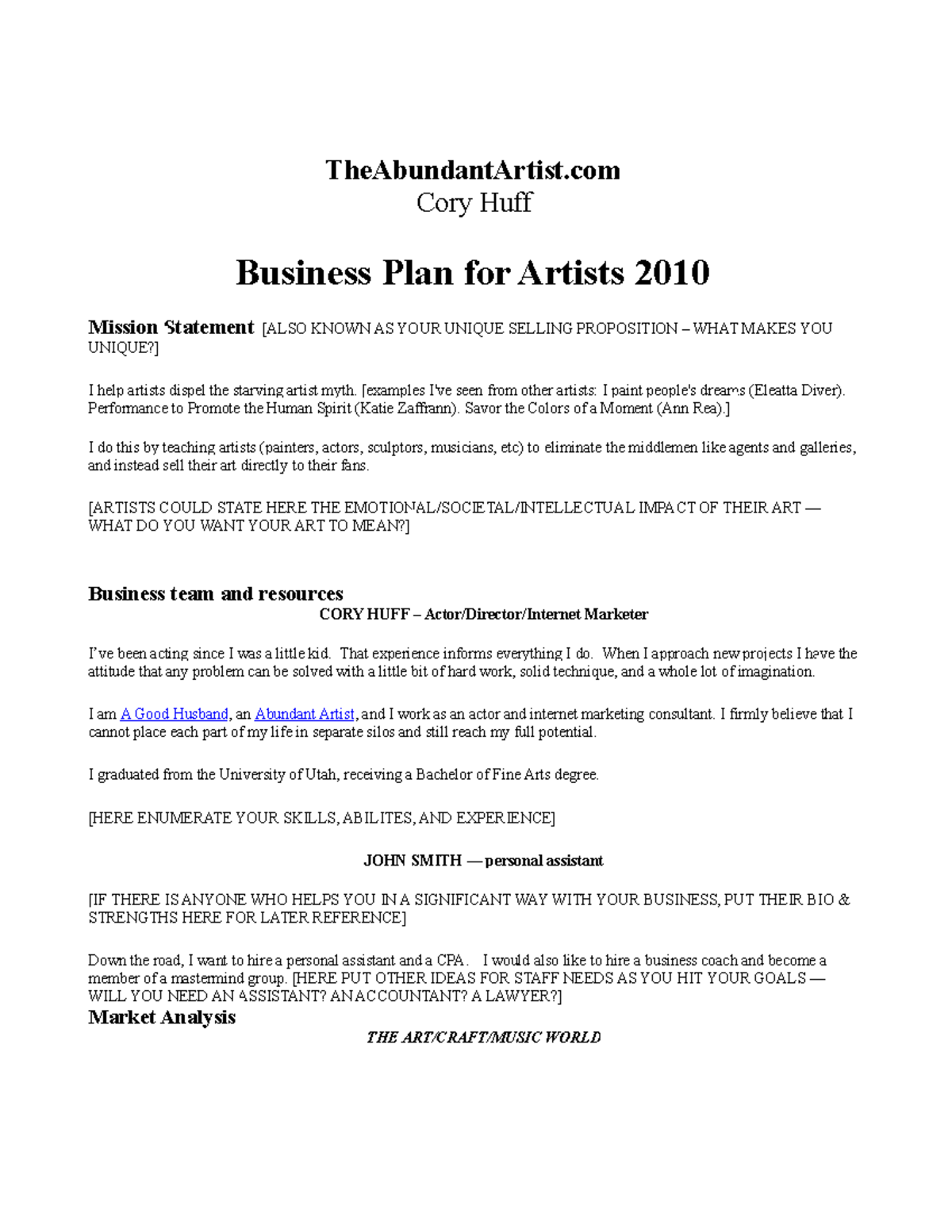 Example Business Plan for Artists TheAbundantArtist Cory Huff