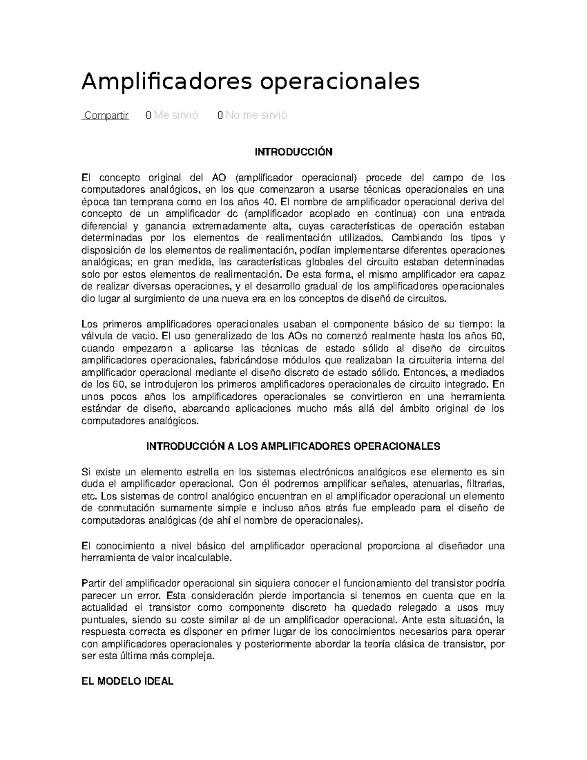 Amplificadores Operacionales Amplificadores Operacionales Compartir Me Sirvi No Studocu