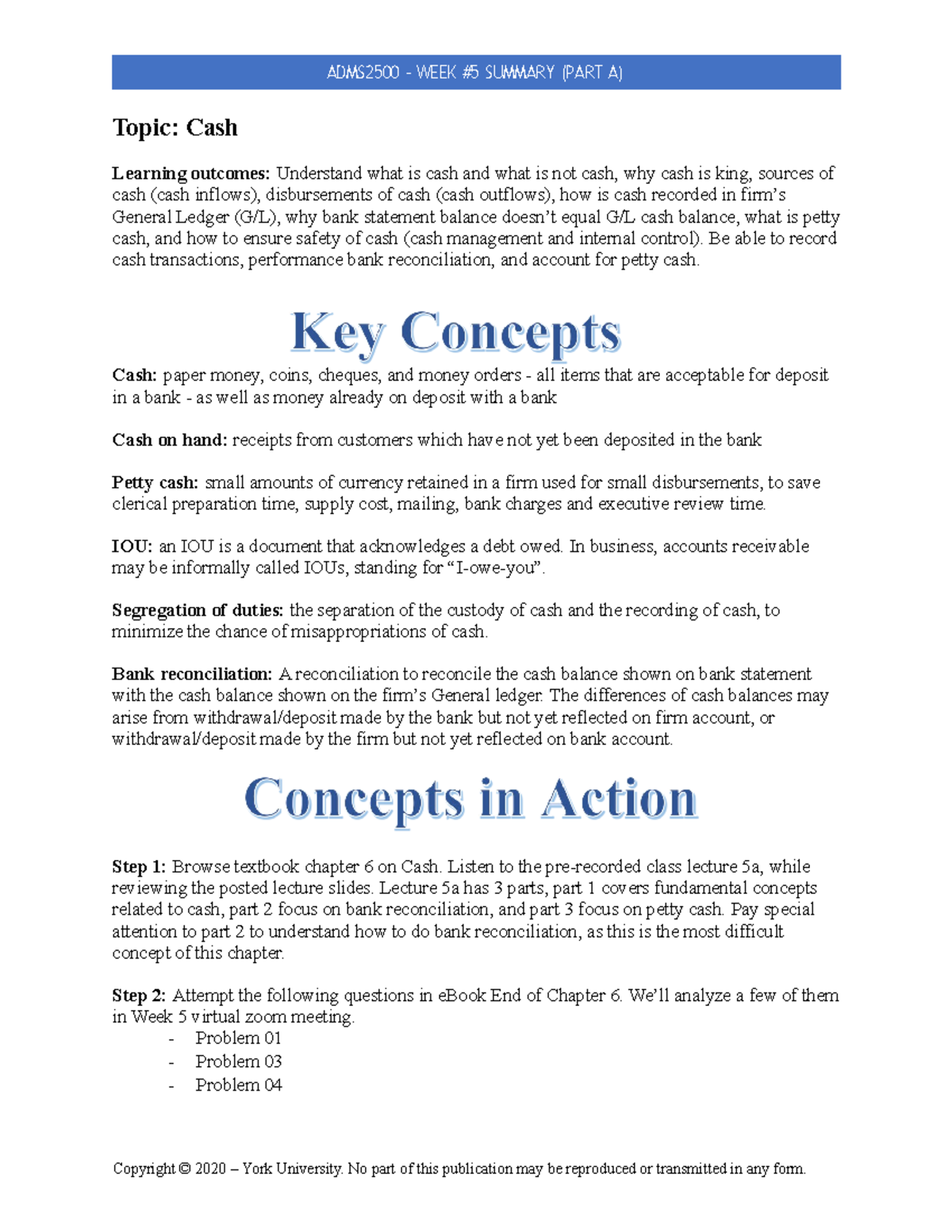 Weekly summary for self study - Week 5a Cash - ADMS2500 – WEEK #5 ...