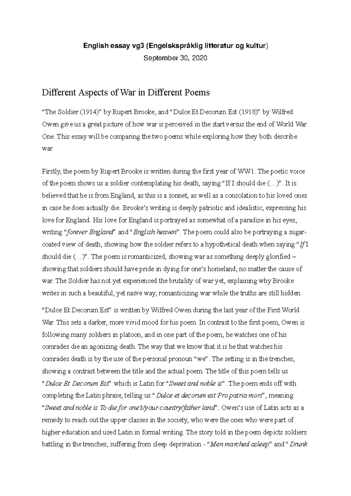 Different Aspects of War in Different Poems - English essay vg3 ...