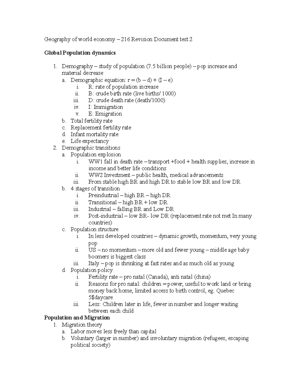 Geog 216 doc for final exam Geography of world economy 216 Revision