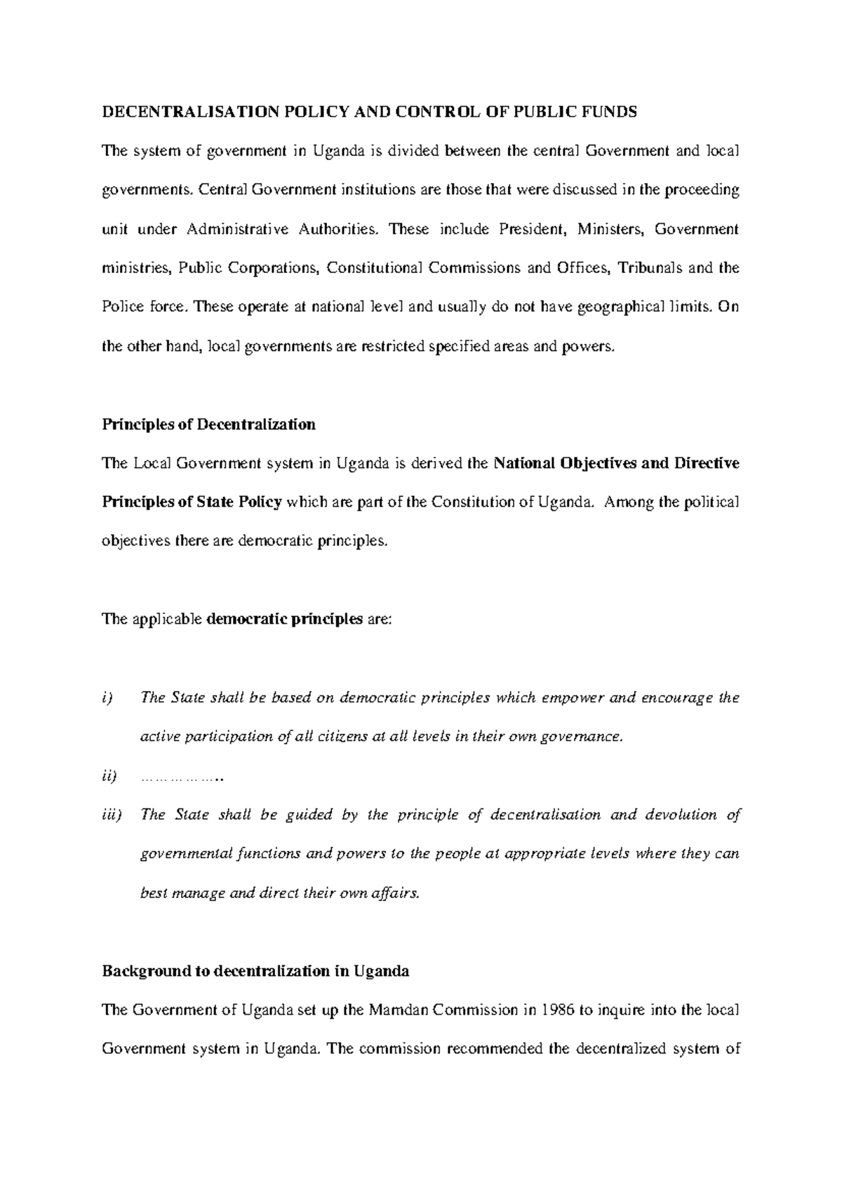Decentralisation Policy AND Control OF Public Funds - DECENTRALISATION ...