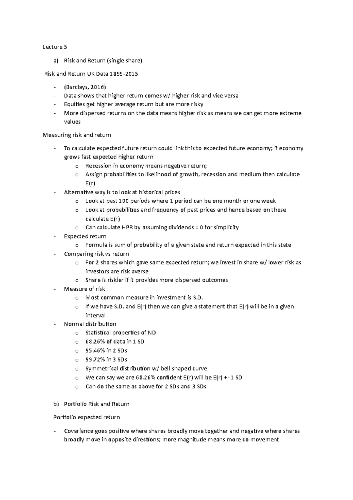 Summary Notes Lectures 5-8 - Lecture 5 a) Risk and Return (single share ...