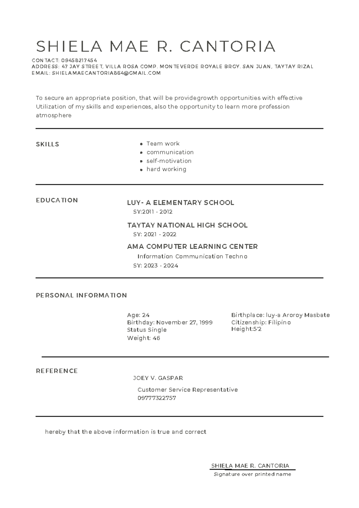 Black and White Minimalistic Simple Resume - EDUCATION SKILLS PERSONAL ...