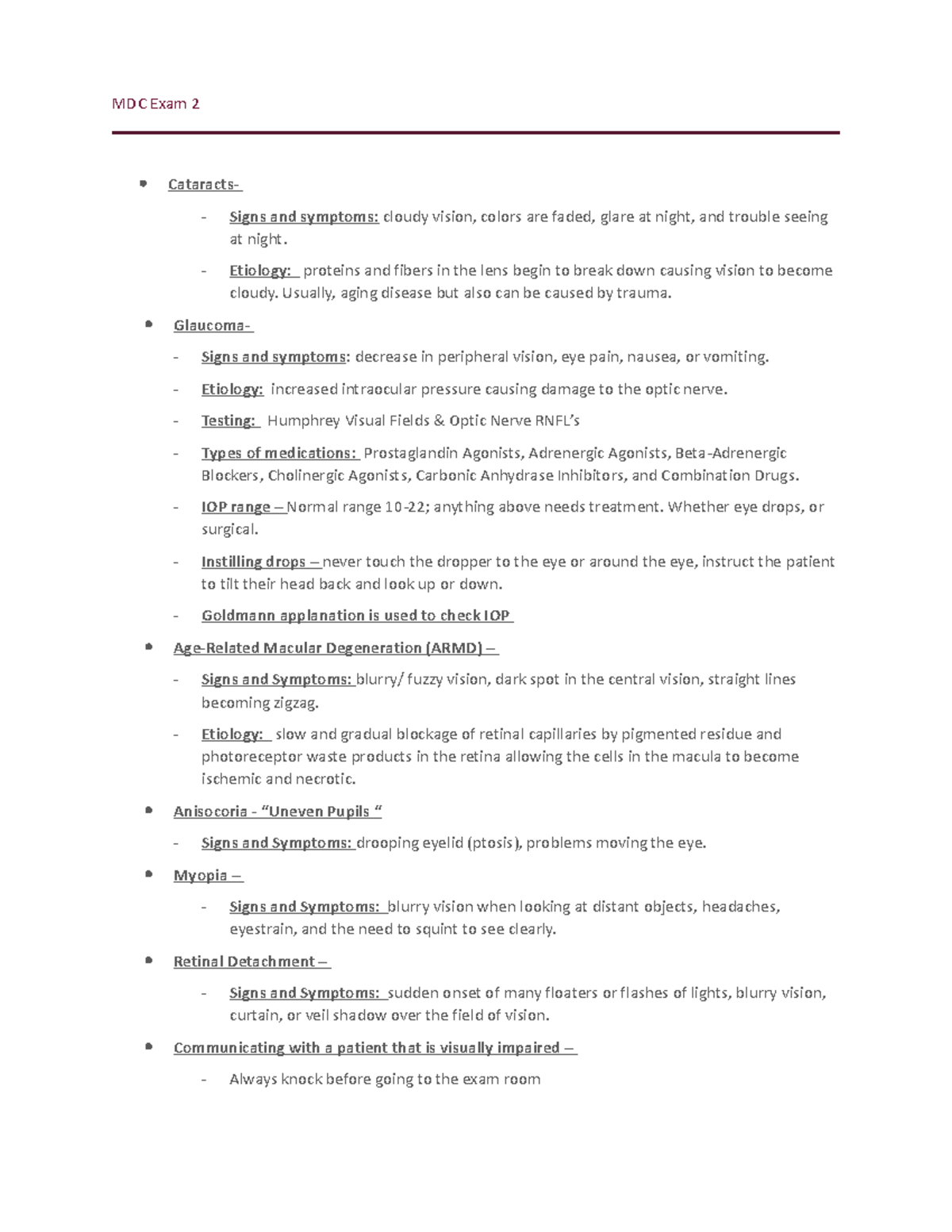 MDC Exam 2 - Exam 2 notes - MDC Exam 2 Cataracts- Signs and symptoms ...