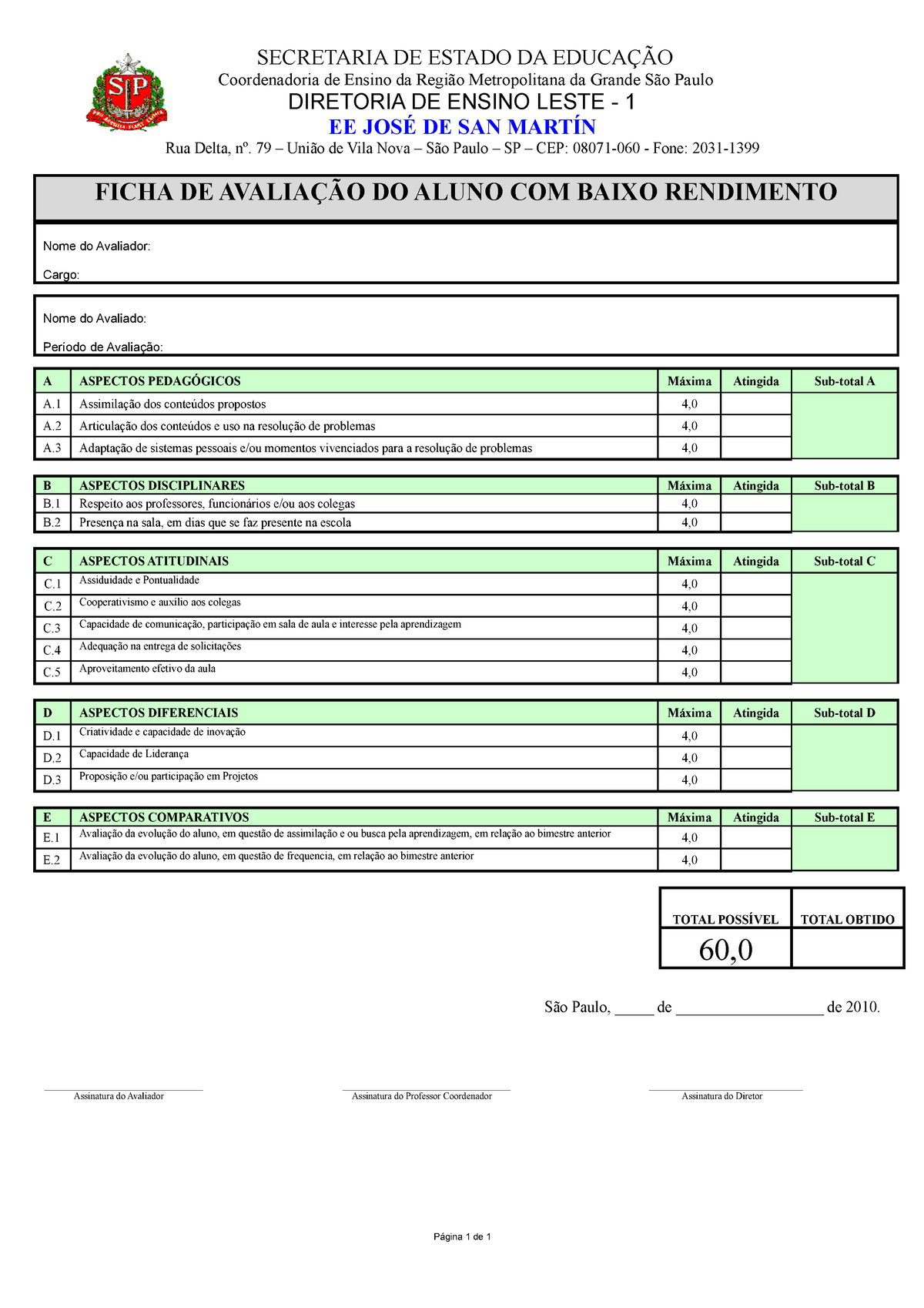 Ficha De Avaliacao Do Desempenho Do Aluno Secretaria De Estado Da EducaÇÃo Coordenadoria De 4175