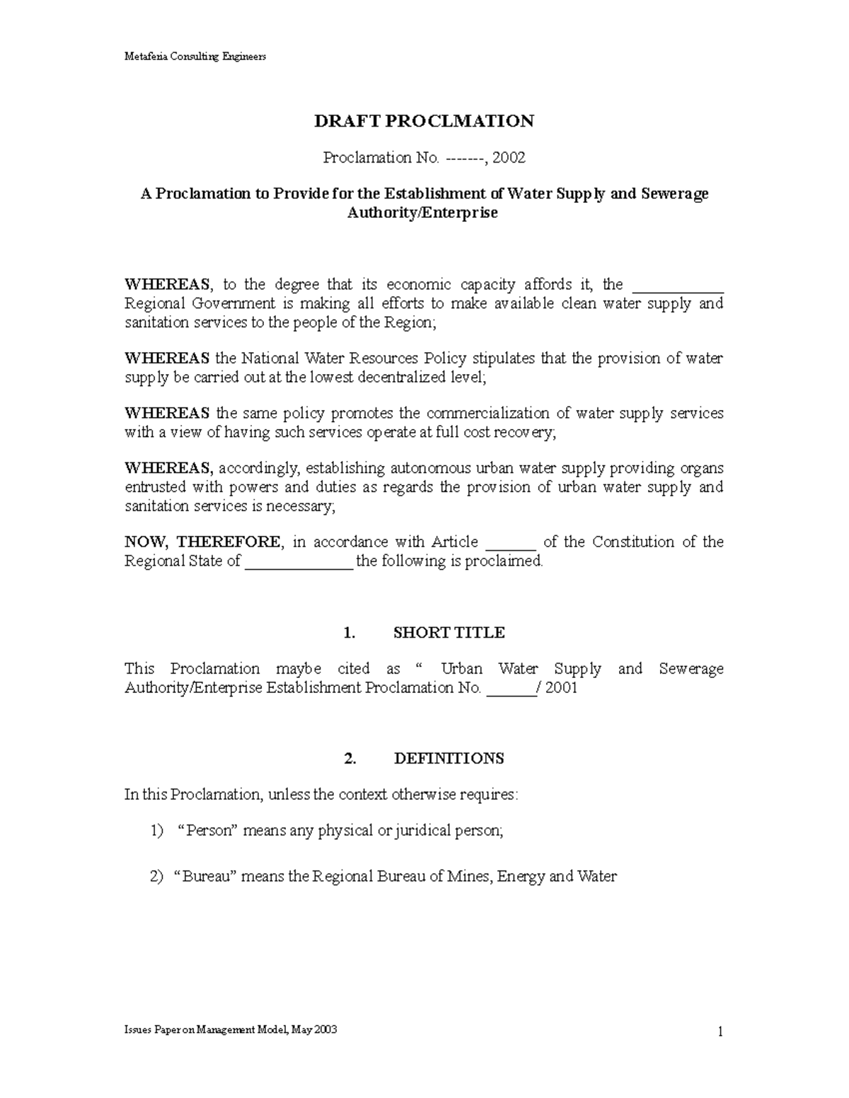 Final PROC. Urban (1)(a) - DRAFT PROCLMATION Proclamation No. -, 2002 A ...