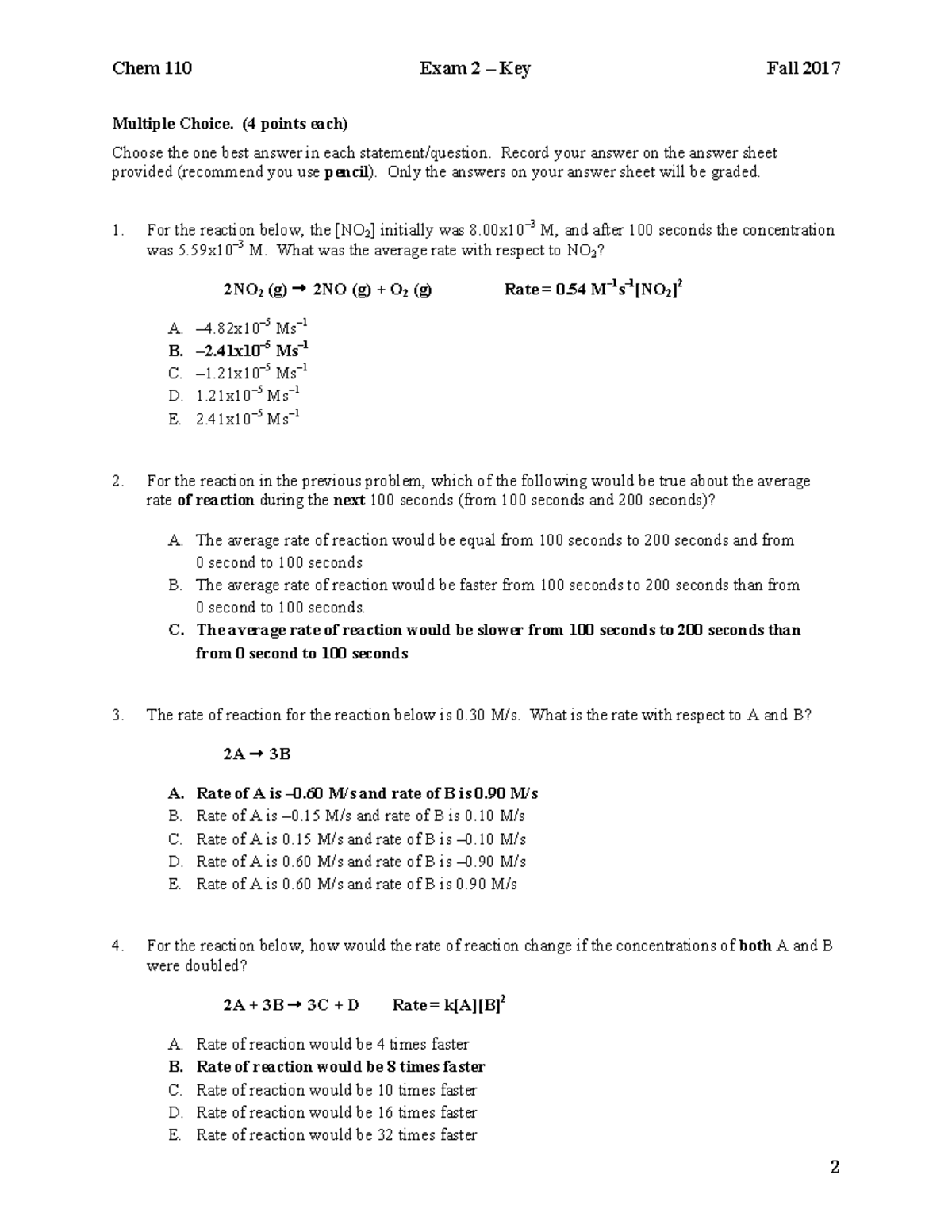 Exam2 110 Fa17 Key - Multiple Choice. (4 points each) Choose the one ...