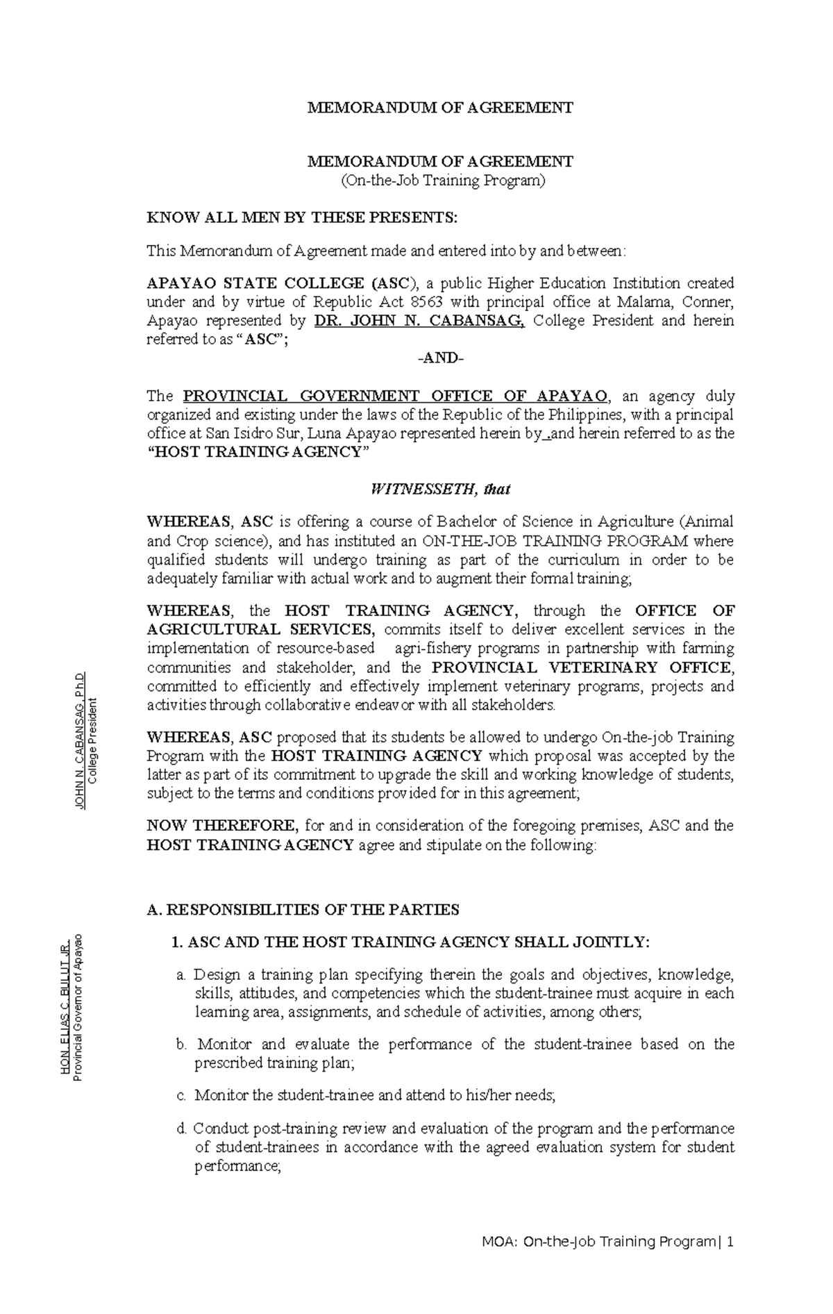 Inter- Semestral-OJT-MOA. - MEMORANDUM OF AGREEMENT MEMORANDUM OF ...