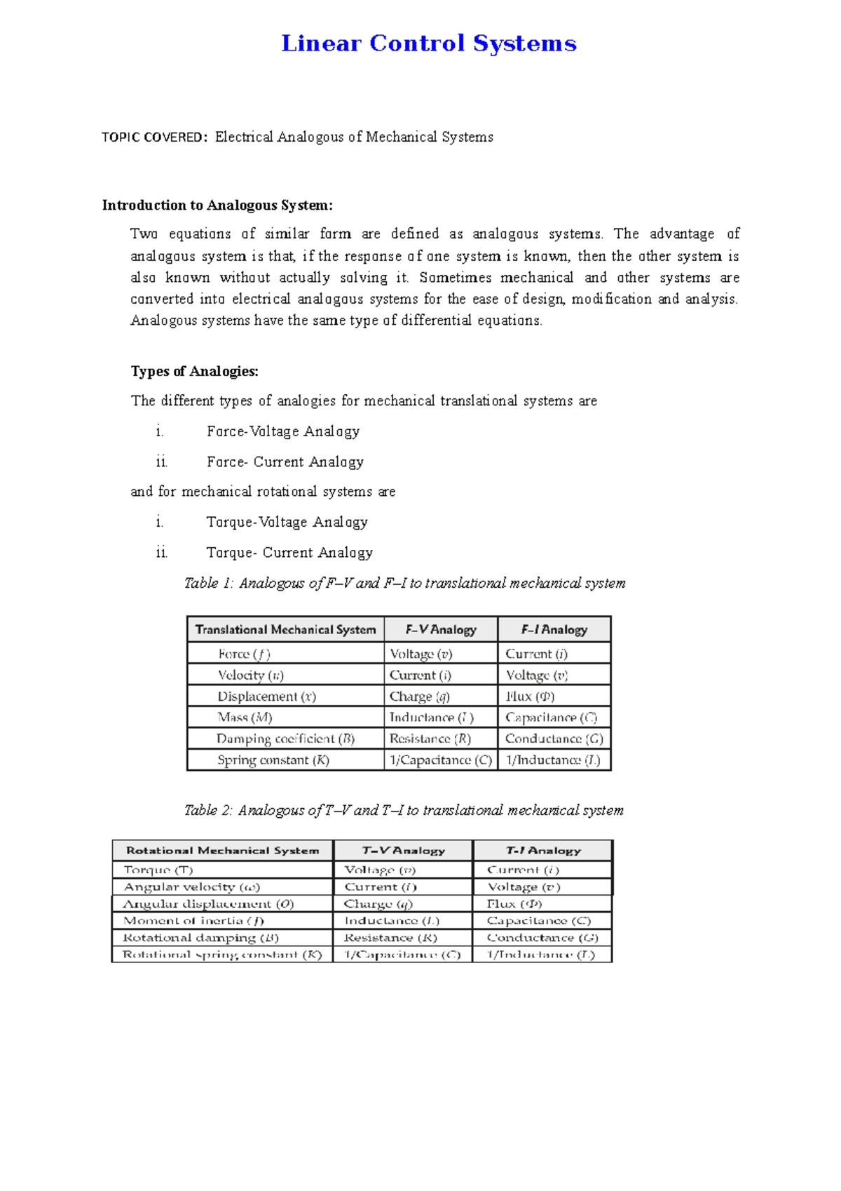 Electrical Analogous of Mechanical Systems - Linear Control Systems ...