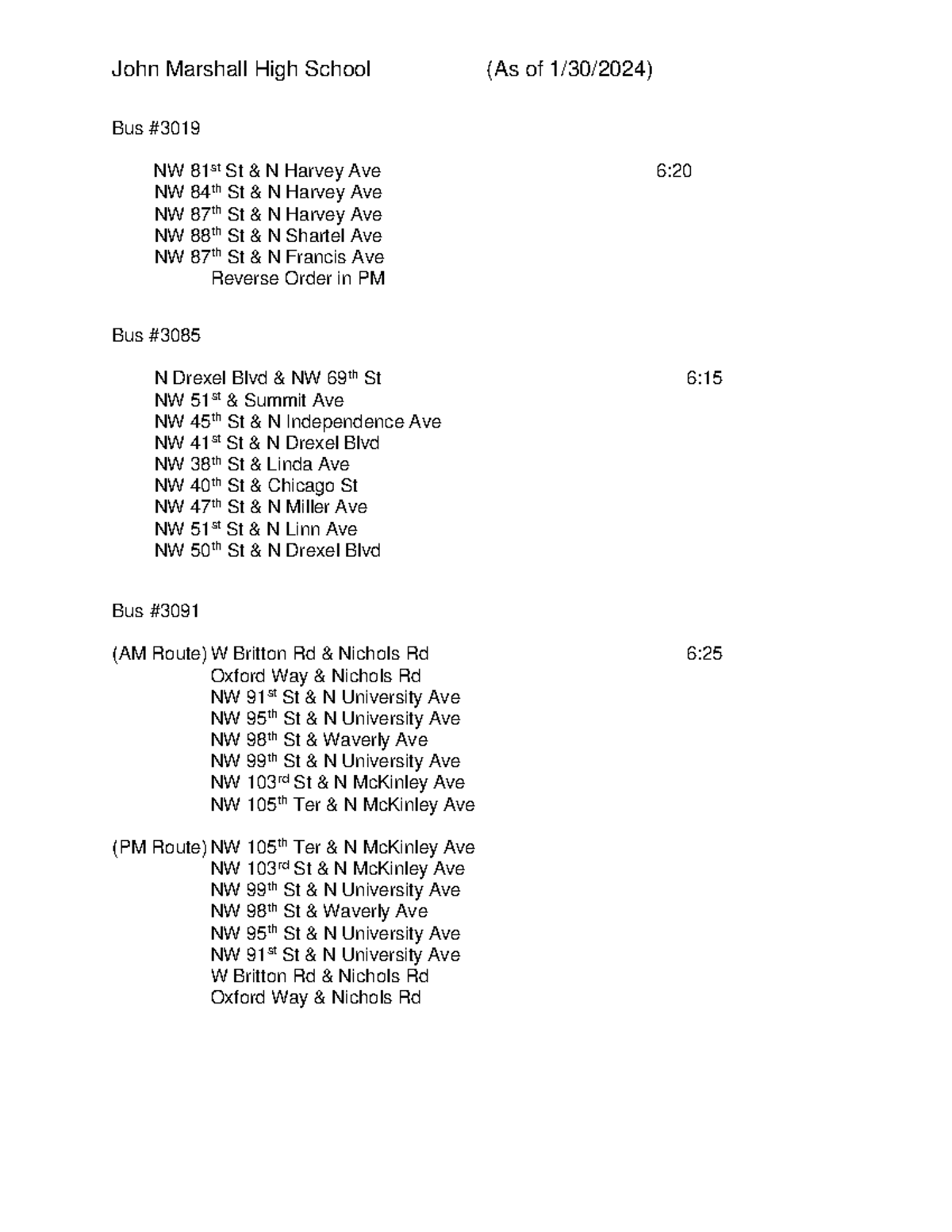 John Marshall High School Routes - John Marshall High School (As of 1 ...