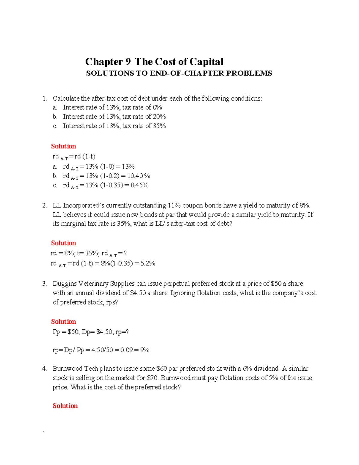 BFIN525- Solutions to end of chapter 9 problems - Chapter 9 The Cost of ...