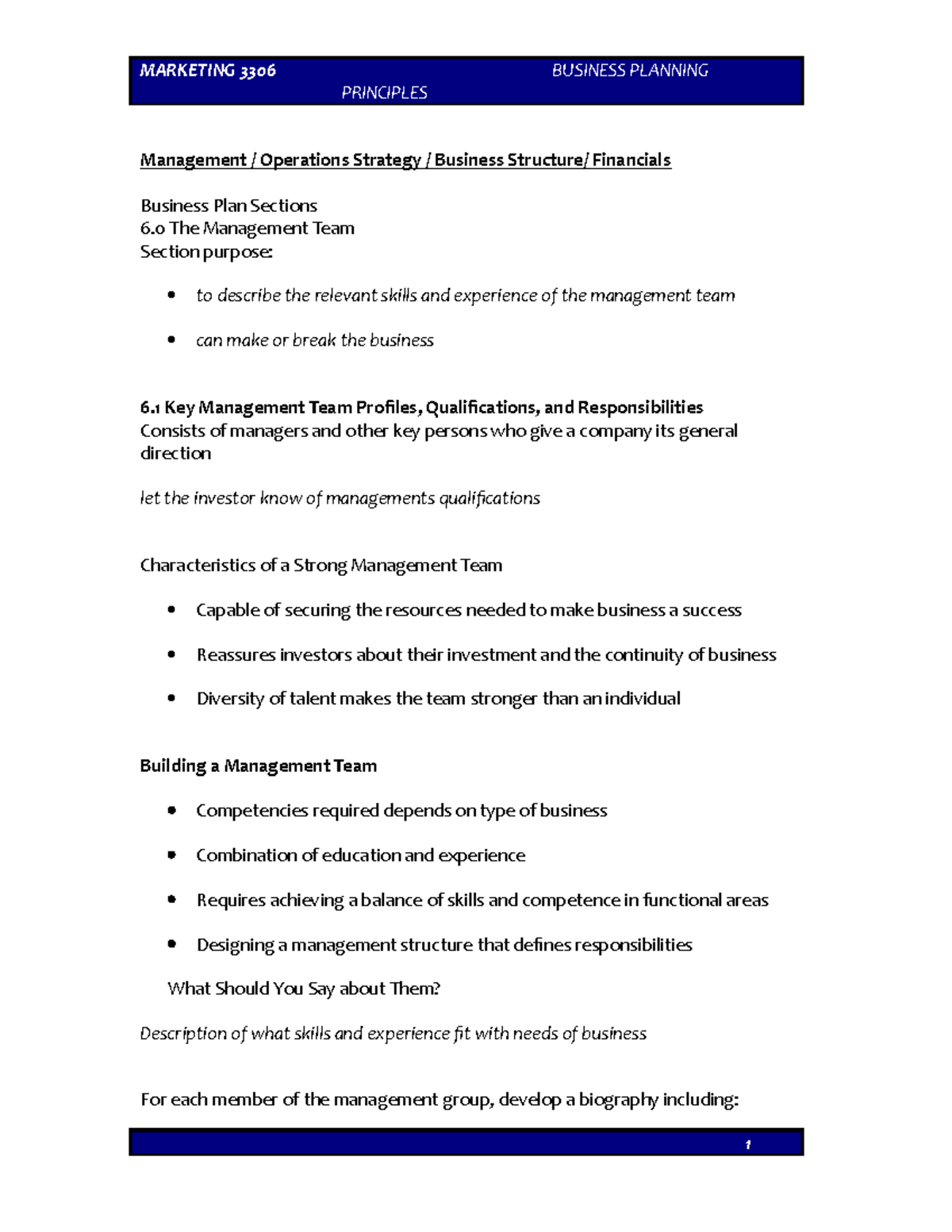 Bus Plan Lecture Week 8 MARKETING 3306 BUSINESS PLANNING PRINCIPLES