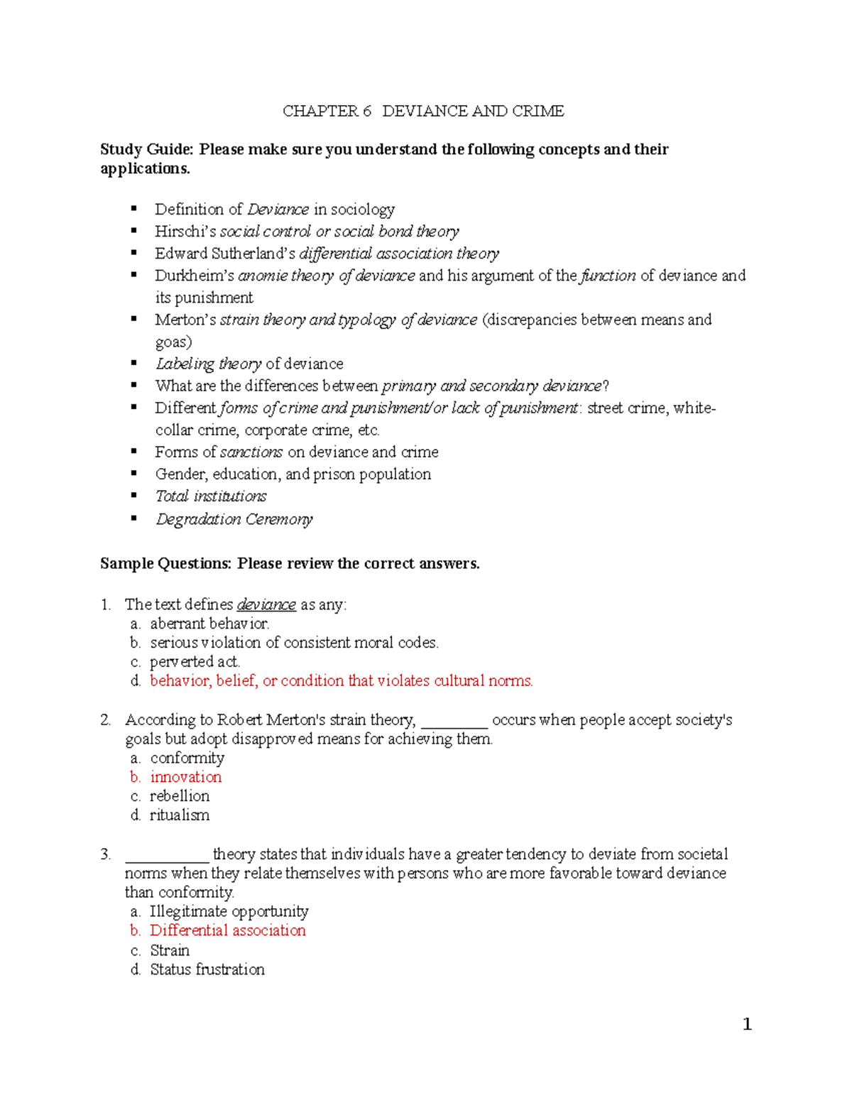Test 2 Study Guide - CHAPTER 6 DEVIANCE AND CRIME Study Guide: Please ...