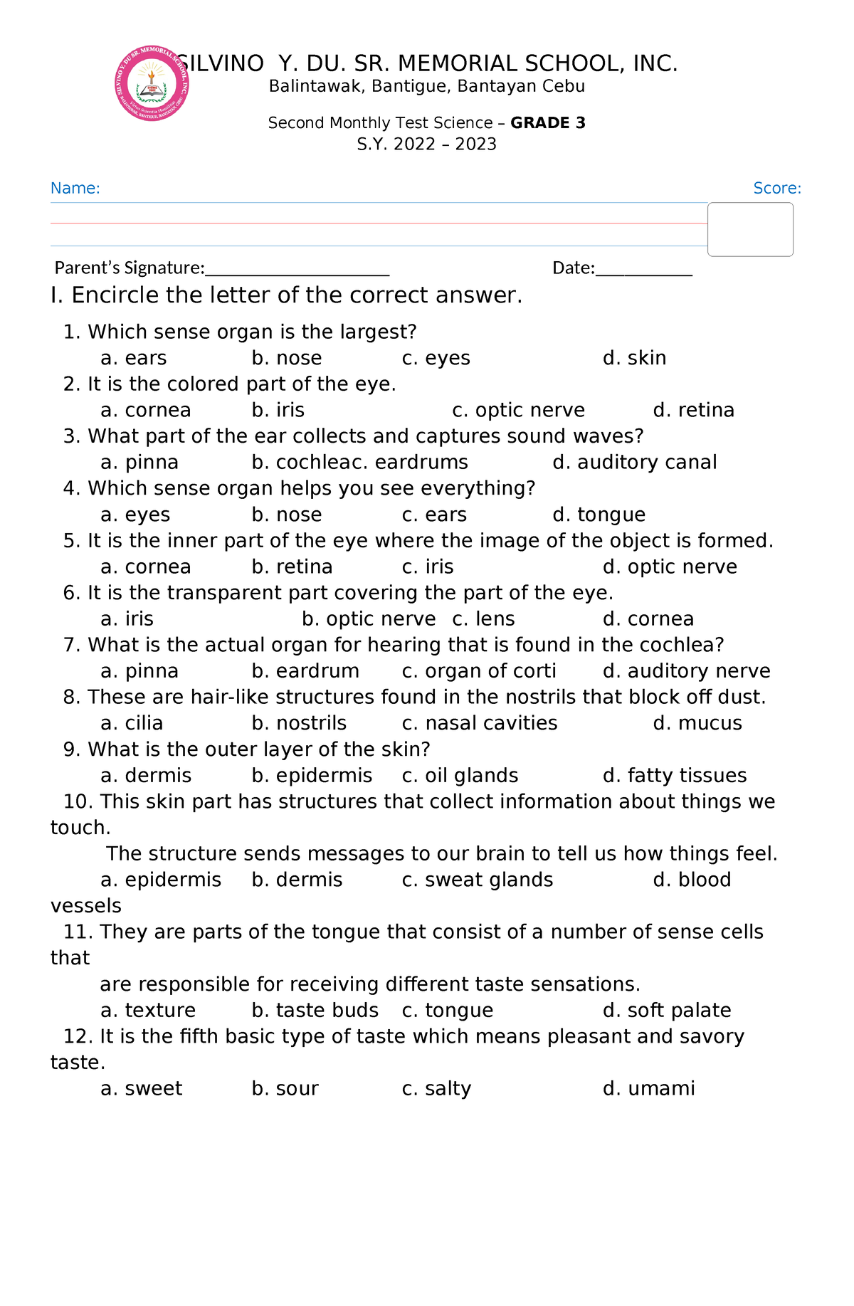 2nd Monthly Test in Grade 3 - SILVINO Y. DU. SR. MEMORIAL SCHOOL, INC ...