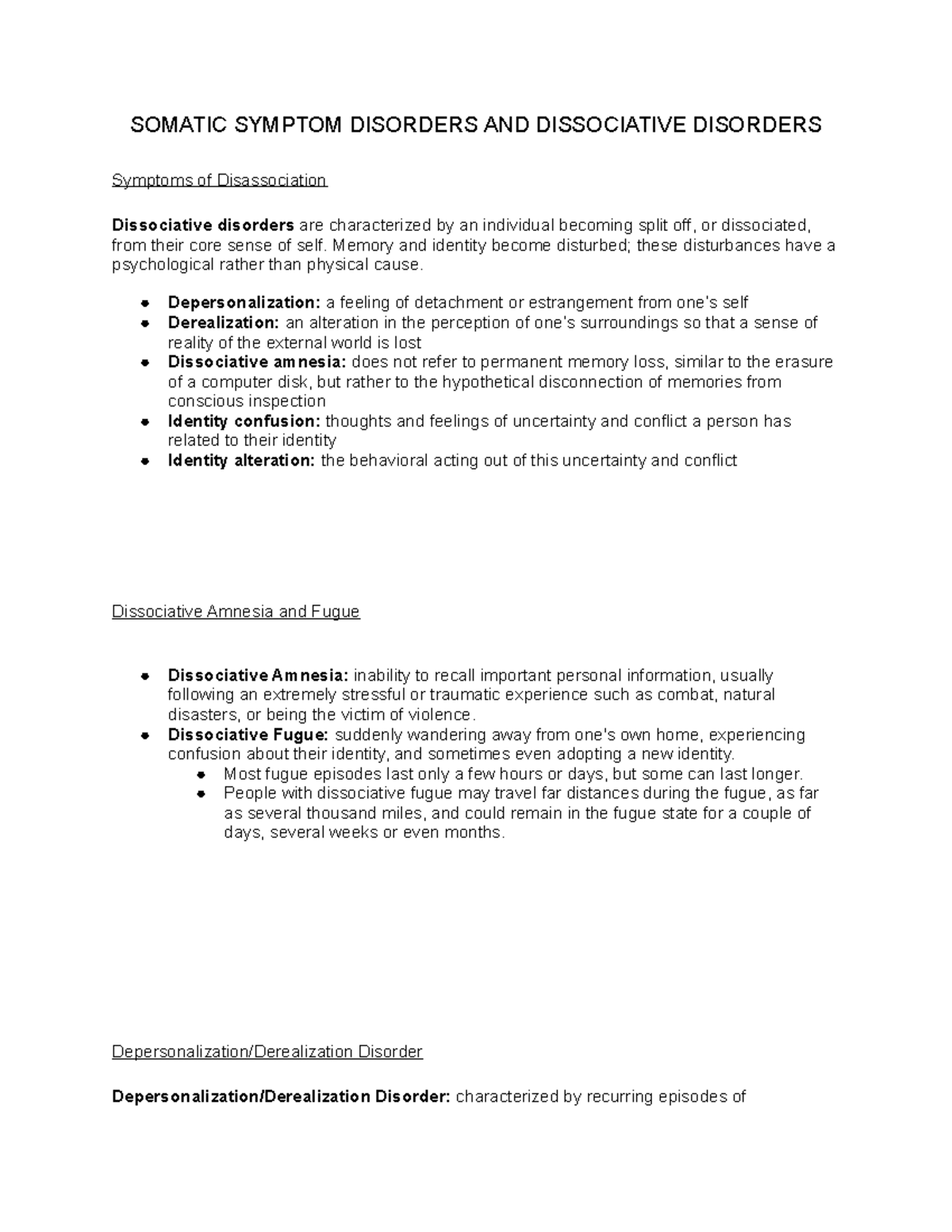 PSY 215 Somatic Symptom Disorders and Dissociative Disorders Notes Part ...