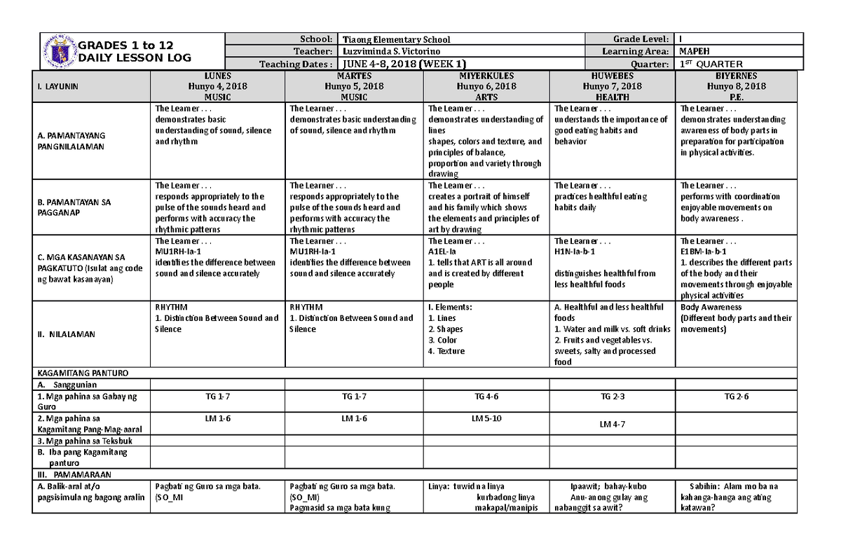 DLL Mapeh-1 Q1 W1 - DLL - GRADES 1 to 12 DAILY LESSON LOG School ...