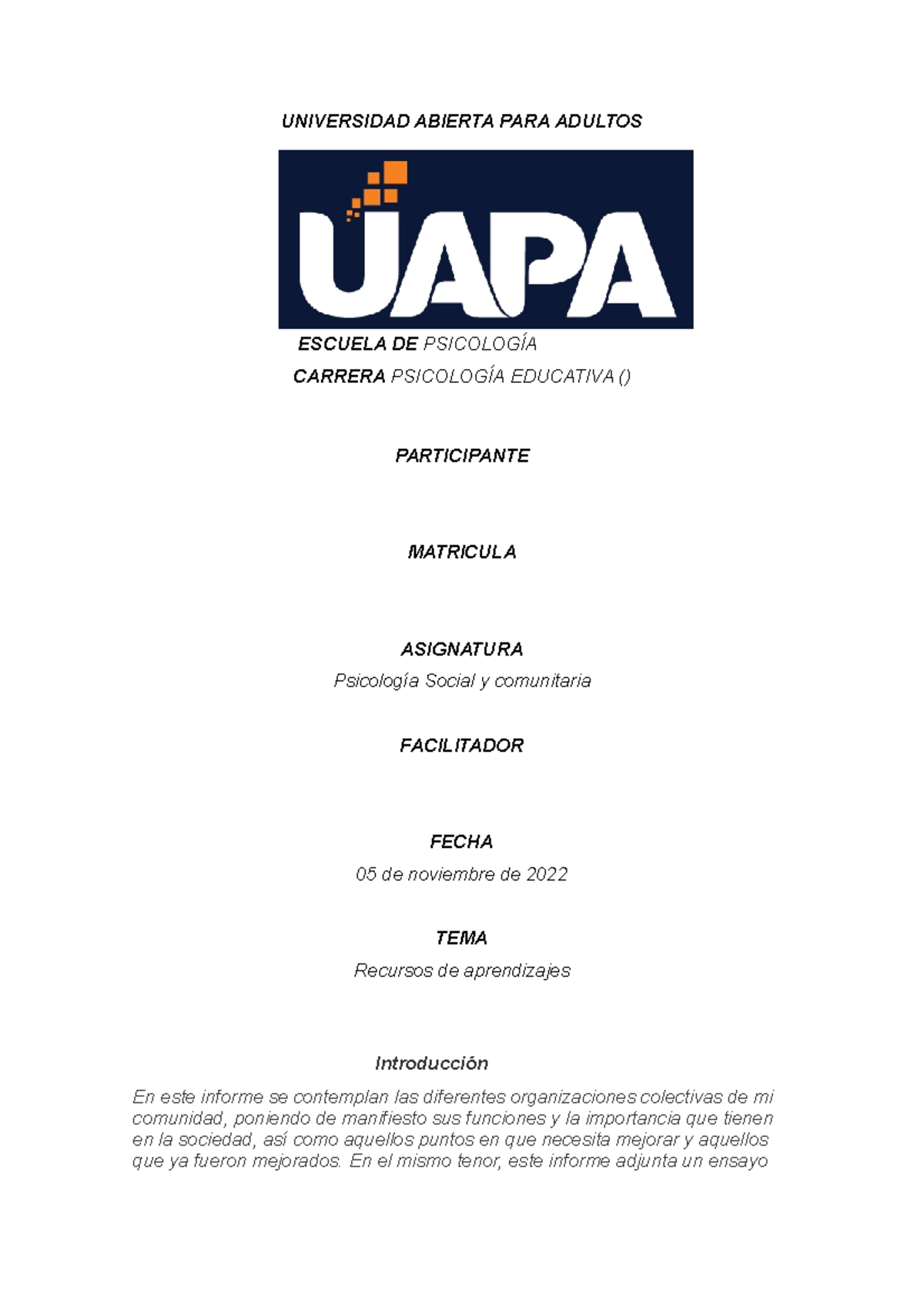 Tarea 3 P Ara El 05 De Noviembre Universidad Abierta Para Adultos Escuela De PsicologÍa 5602