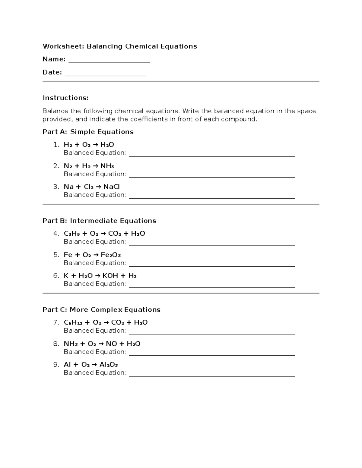 WorksheetBalancing chem 103 Worksheet Balancing Chemical